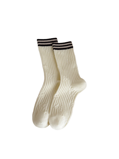 Ivory Stripe crew socks with dark striped cuffs