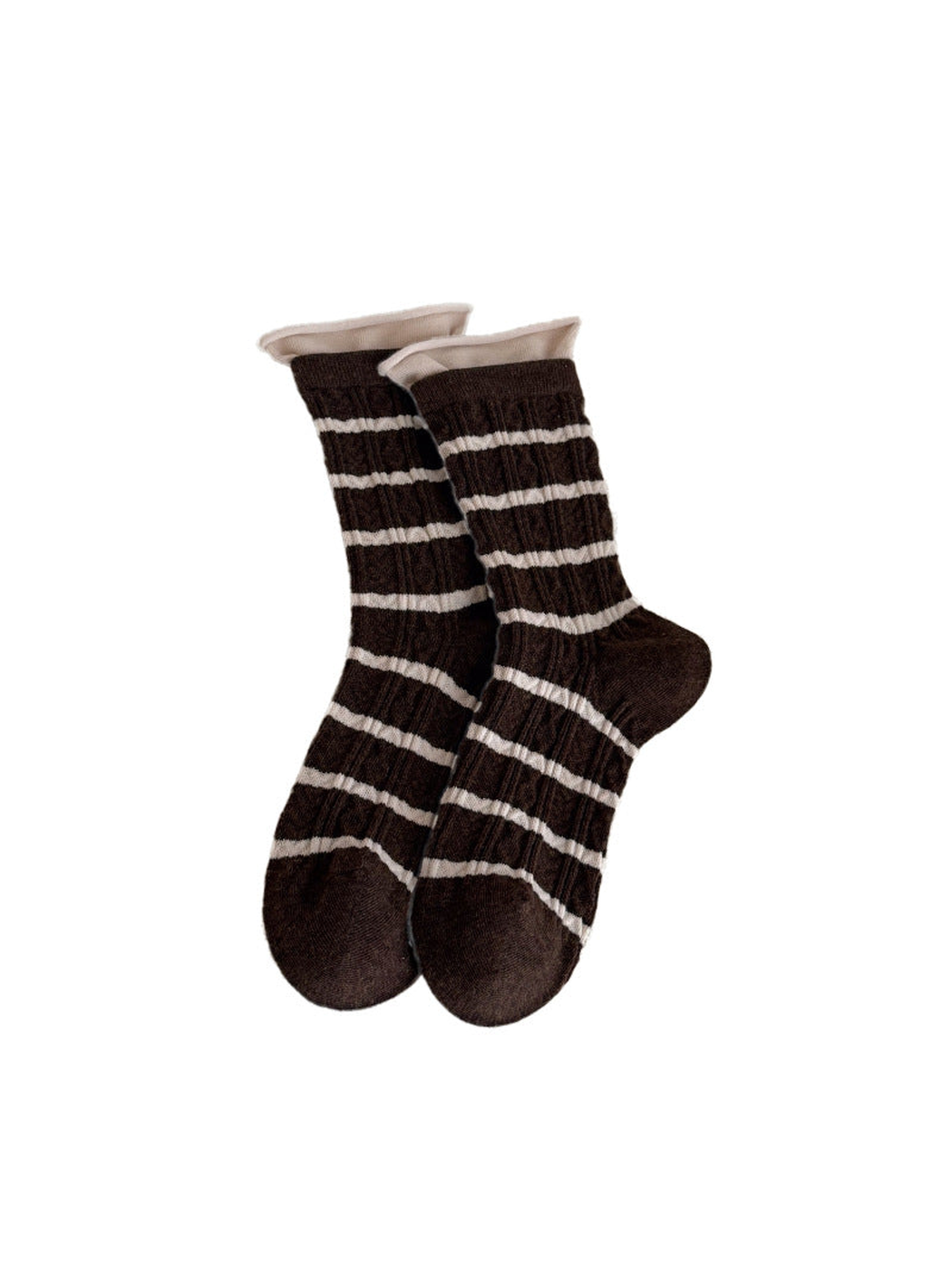 Brown Stripe crew socks with ivory horizontal stripes