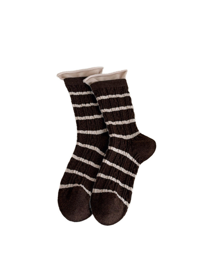 Brown Stripe crew socks with ivory horizontal stripes