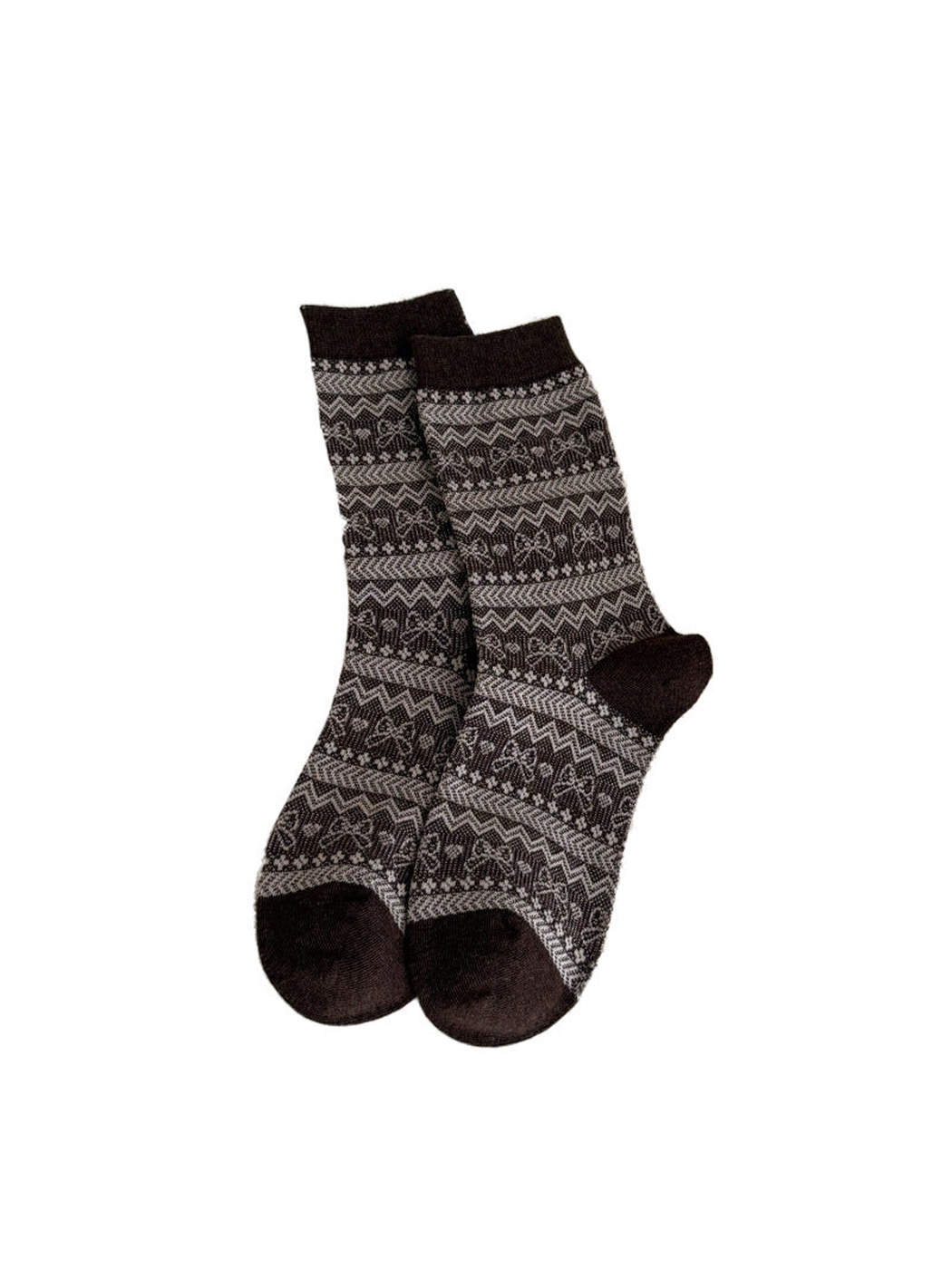 Brown Bow crew socks with repeating geometric bow pattern
