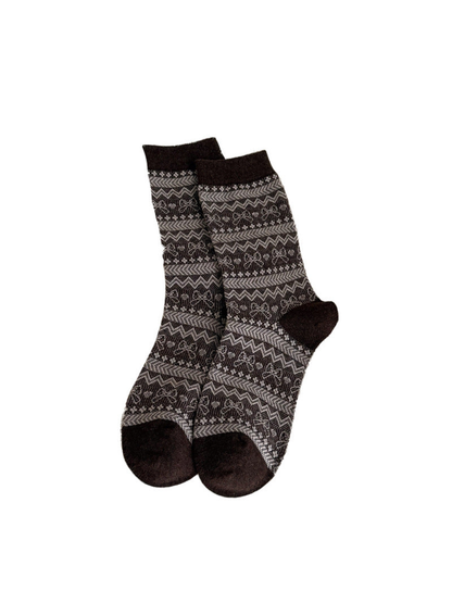 Brown Bow crew socks with repeating geometric bow pattern