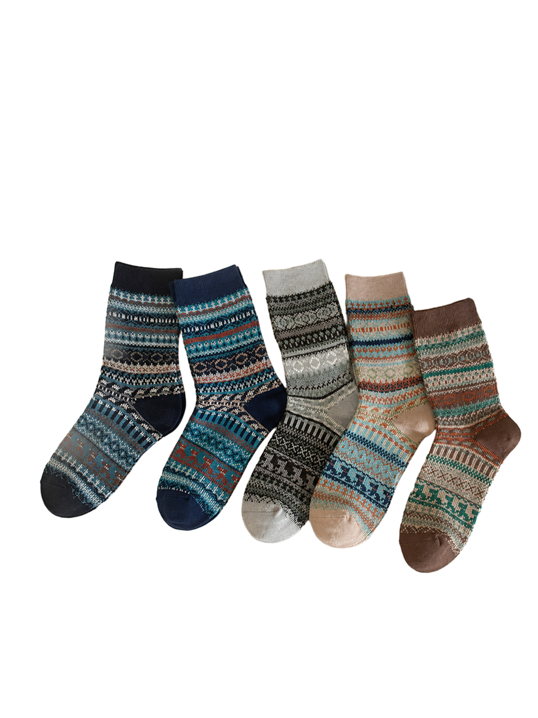 Five geometric crew sock colors displayed together
