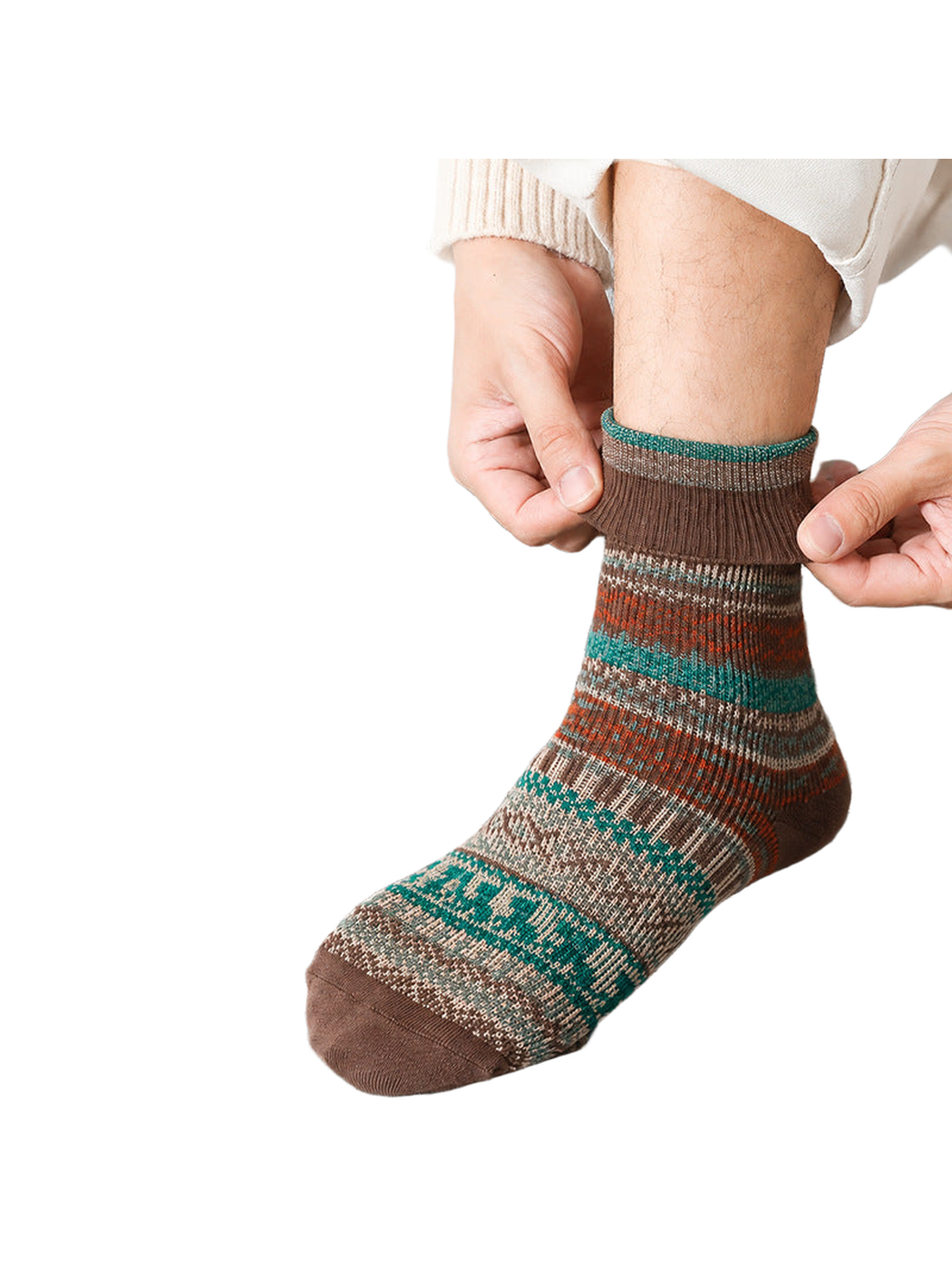 Close-up of a brown geometric crew sock with ribbed cuff, heel and toe