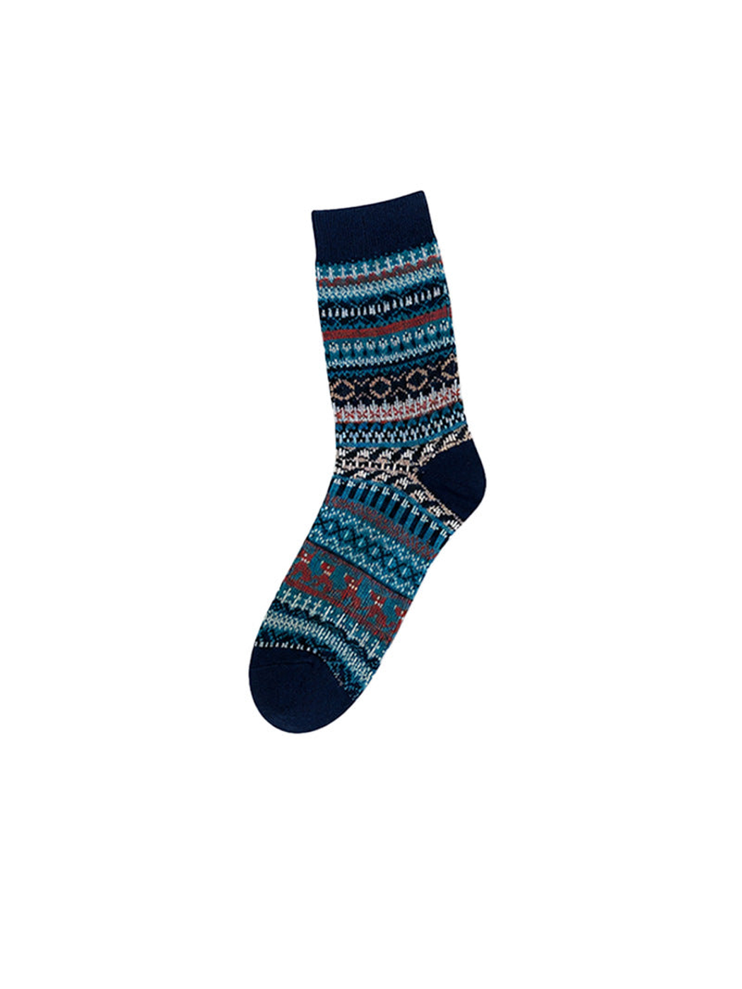 Navy geometric crew sock on a white background