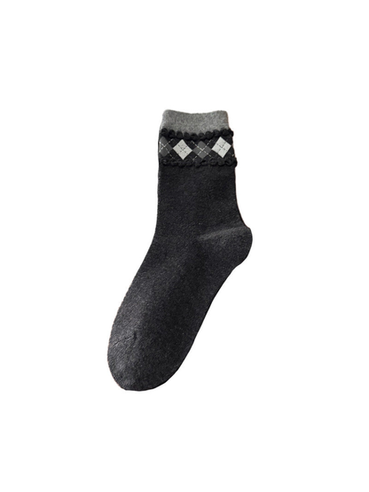 Argyle black and gray crew sock with scalloped cuff