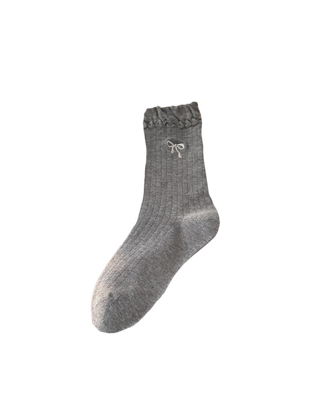 Bow gray ribbed crew sock with ruffled cuff