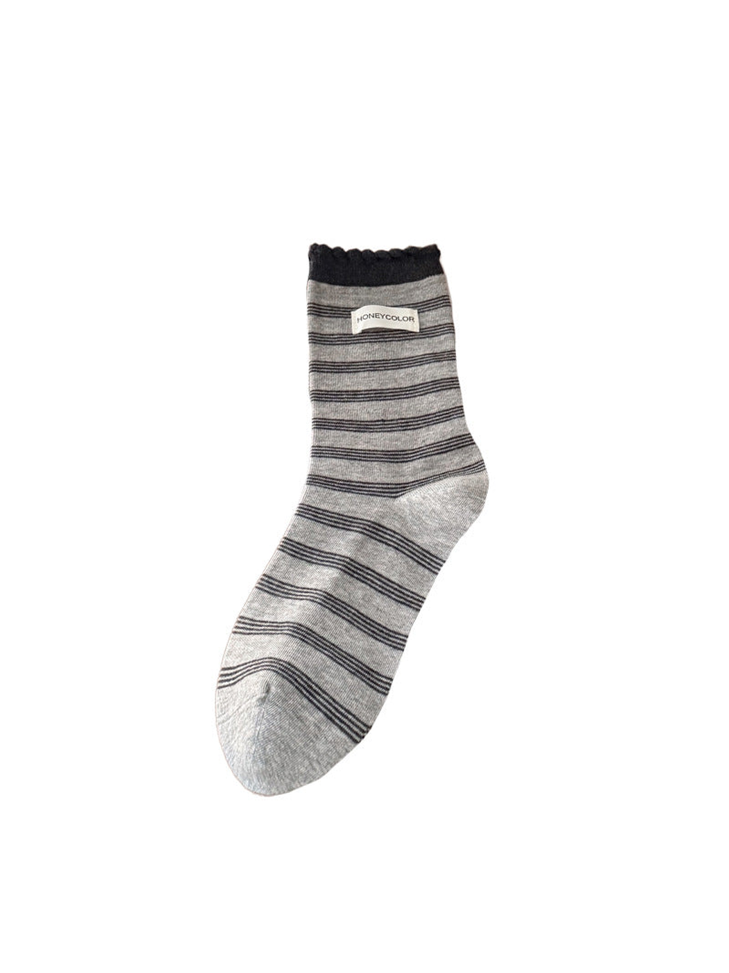 Label gray striped crew sock with scalloped cuff
