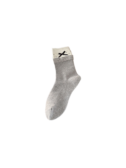 Polka Dot light gray crew sock with white cuff and black bow