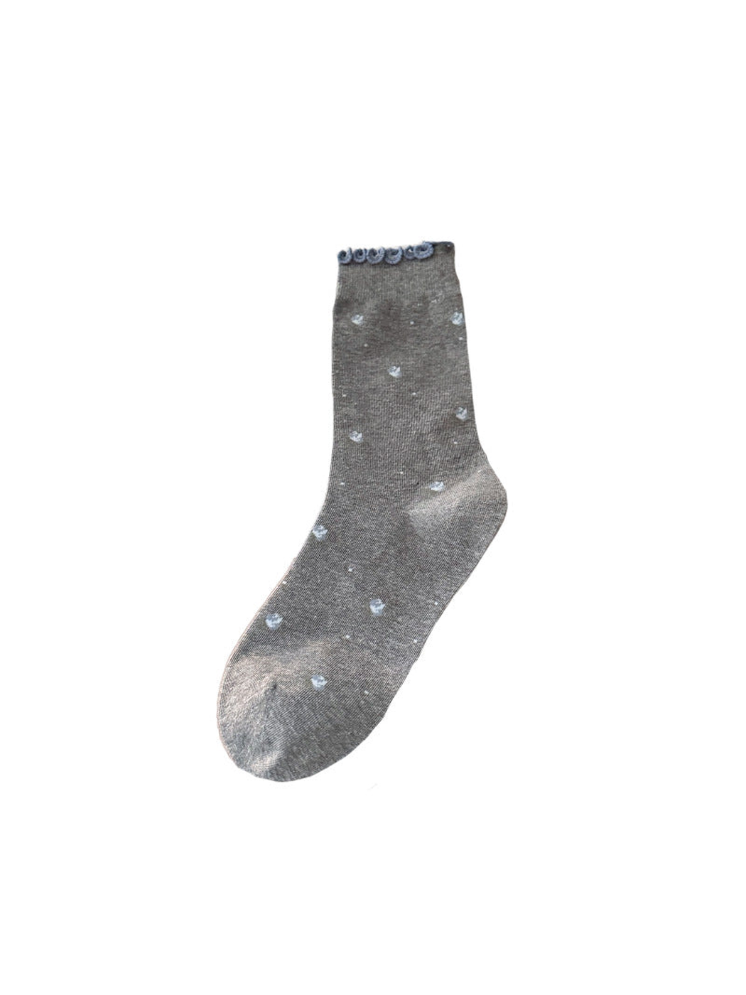 Floral gray crew sock with blue flowers and looped cuff trim