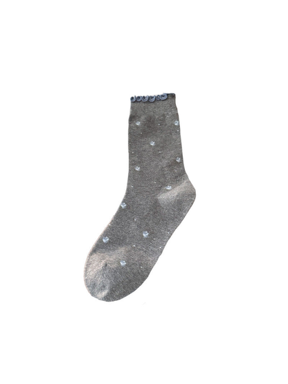 Floral gray crew sock with blue flowers and looped cuff trim