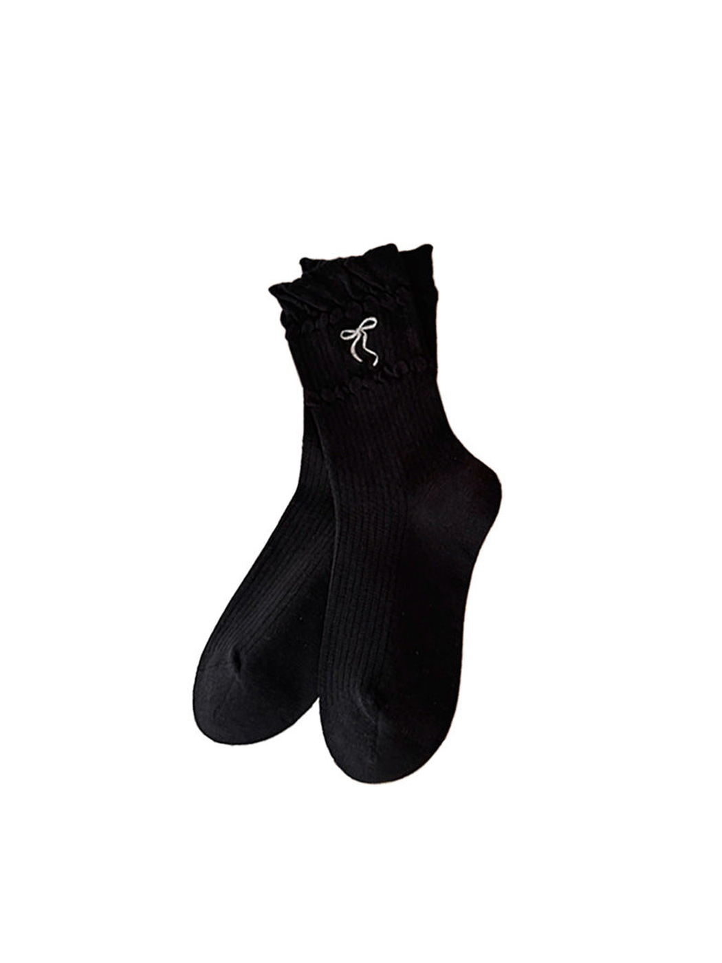 Embroidered Bow black crew socks with ruffled cuffs