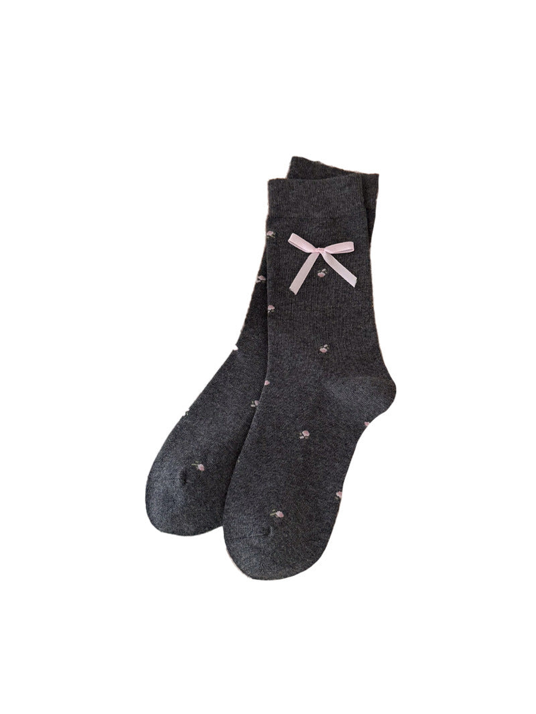 Floral Bow dark gray crew socks with pink accents