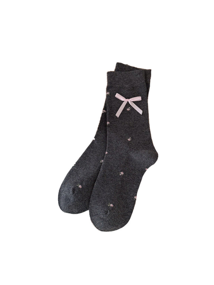 Floral Bow dark gray crew socks with pink accents