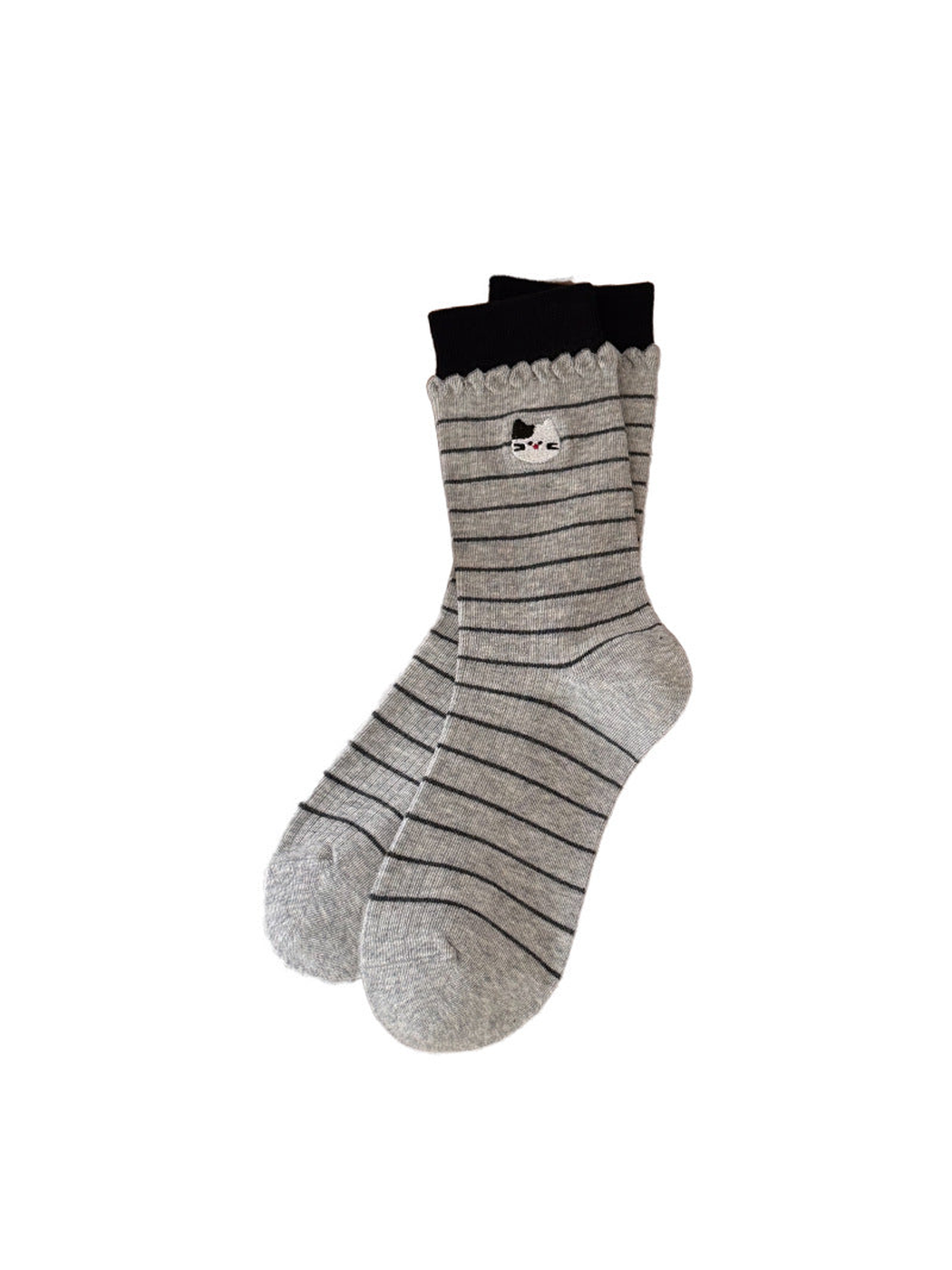 Striped Cat light gray crew socks with ruffled cuffs