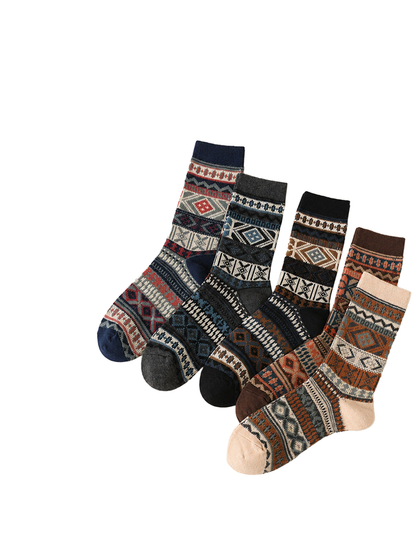 Five geometric-pattern crew sock color variants arranged together