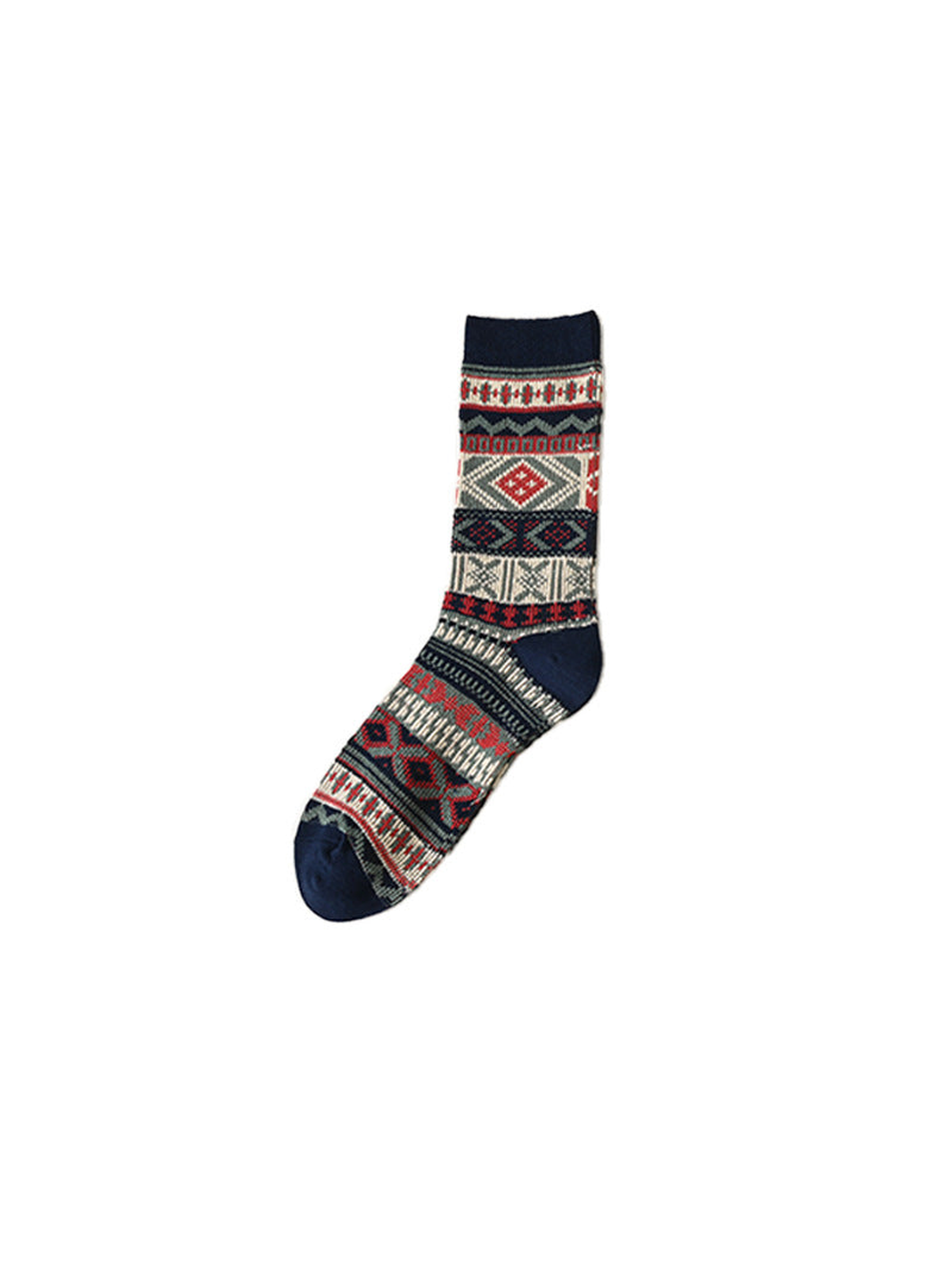 Navy crew sock with red, cream and gray geometric bands