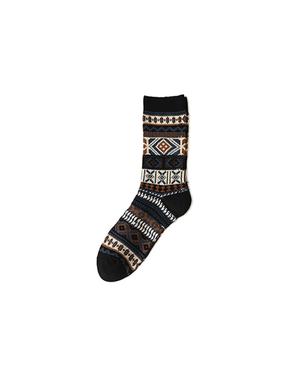 Black crew sock with cream, brown and blue geometric bands