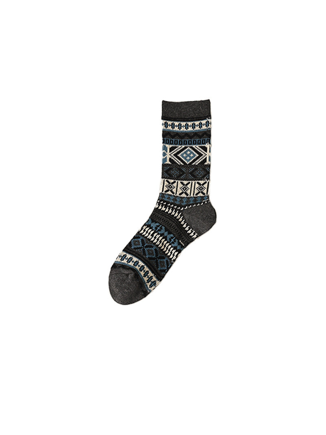Dark Gray crew sock with cream, black and blue geometric bands