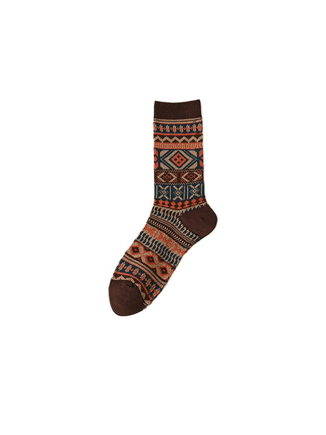 Coffee crew sock with teal, orange and tan geometric bands