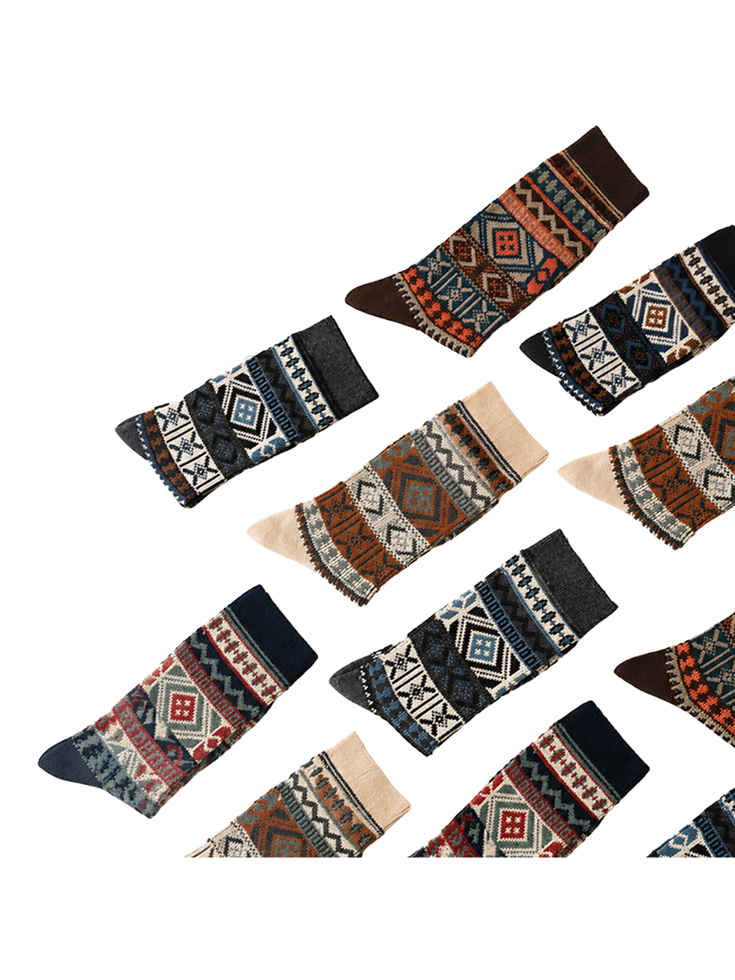 Multiple geometric-pattern crew sock color variants arranged on a light background