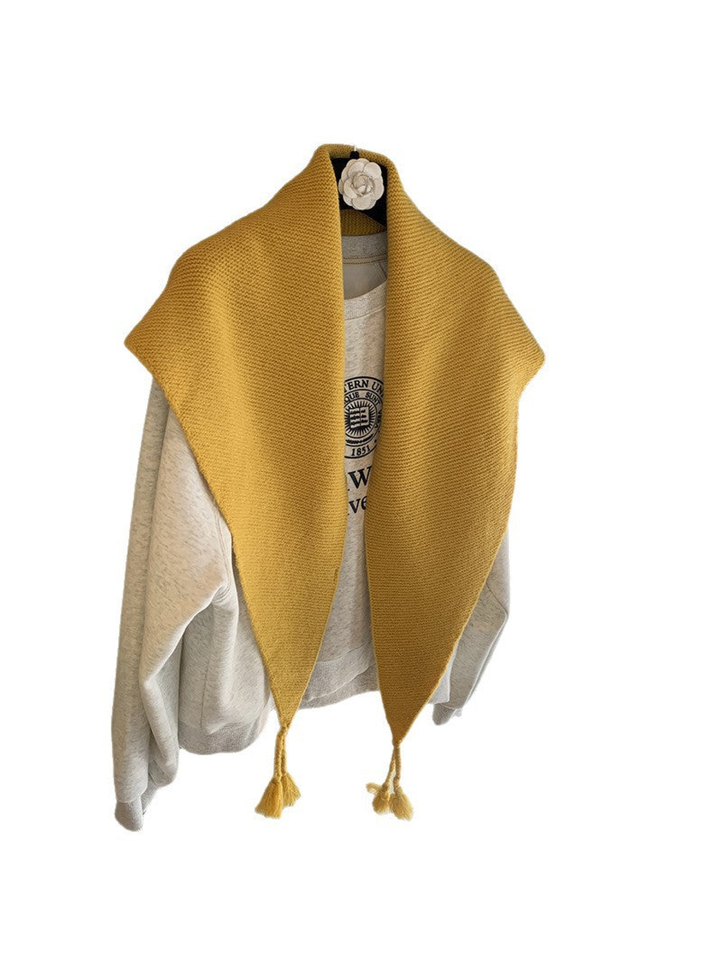 Mustard Yellow textured triangle scarf with tassels, front view