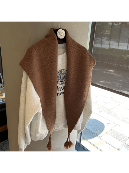 Brown textured triangle scarf with tassels, front view