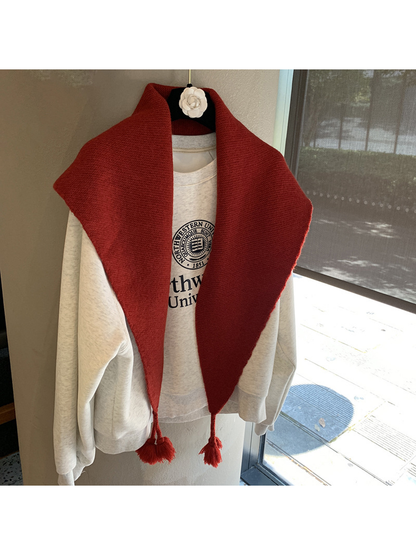 Red textured triangle scarf with tassels, front view