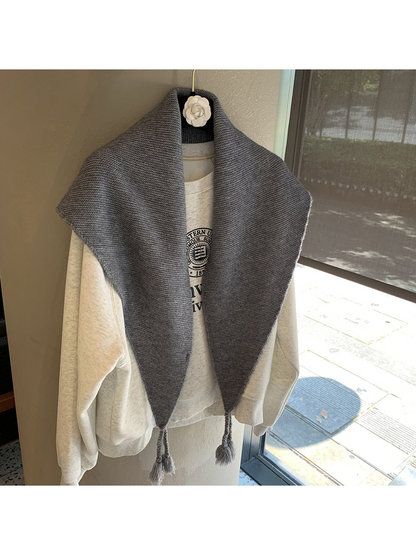 Dark Gray textured triangle scarf with tassels, front view