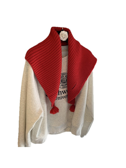 Red ribbed triangle scarf with tassel ends, full front view