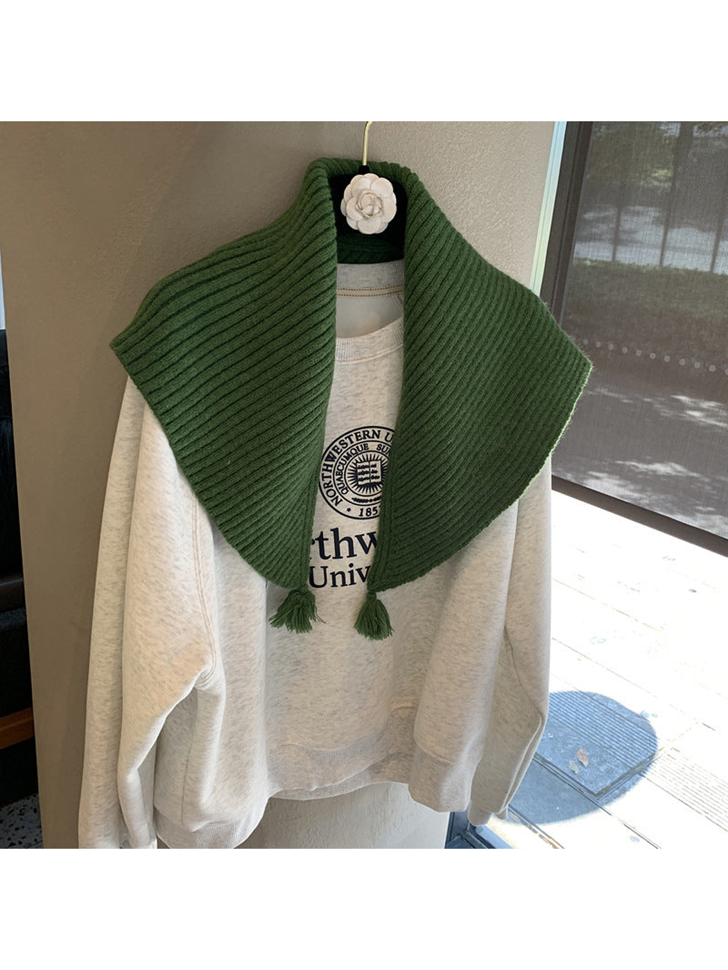 Dark Green ribbed triangle scarf with matching tassel ends