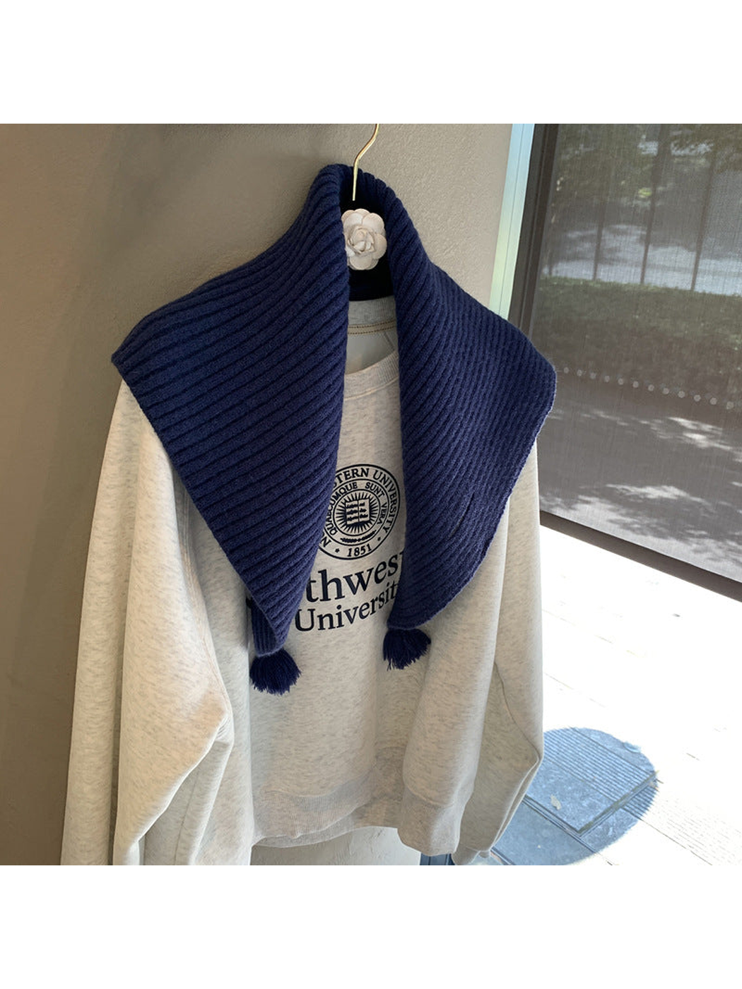 Navy ribbed triangle scarf with matching tassel ends