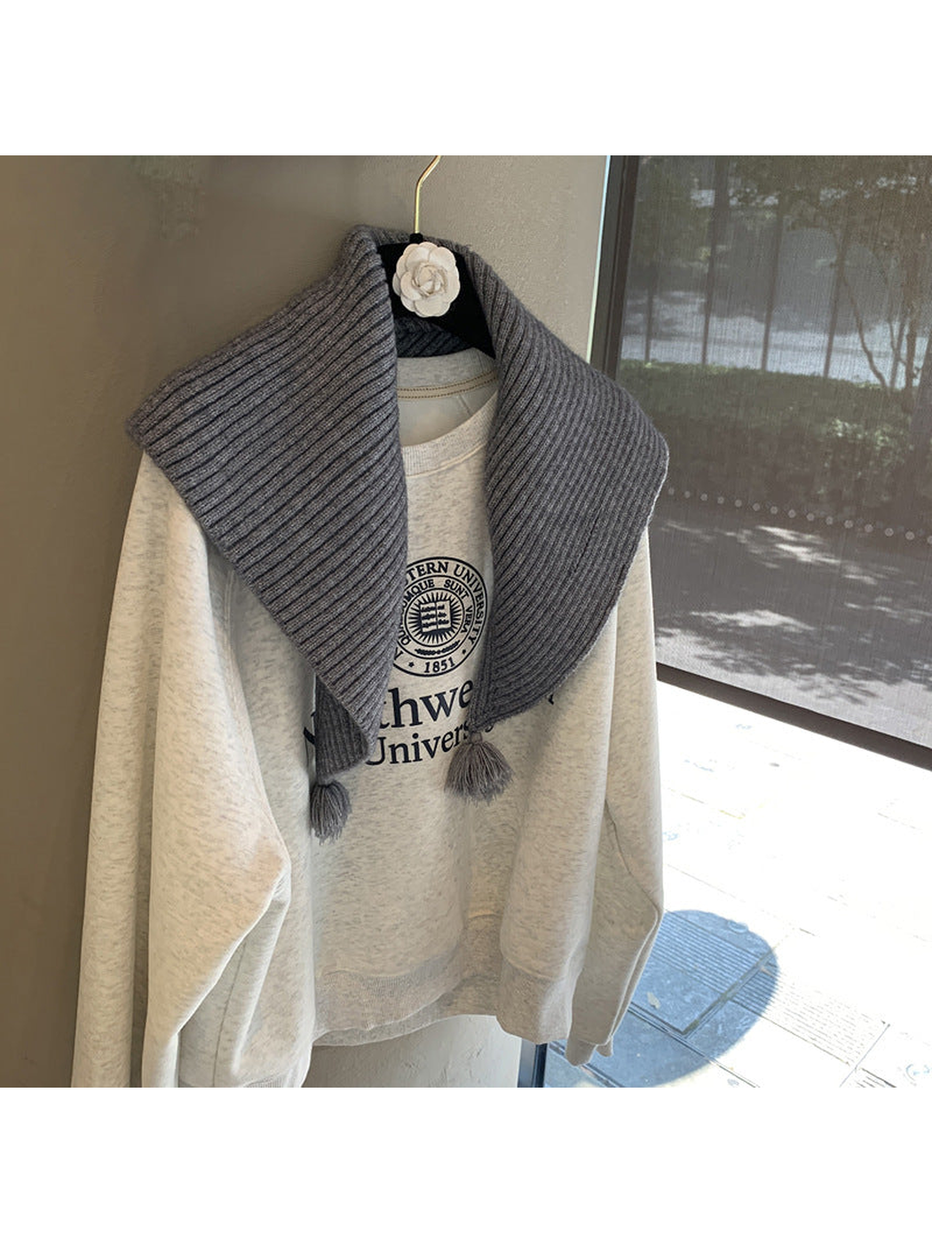 Gray ribbed triangle scarf with matching tassel ends