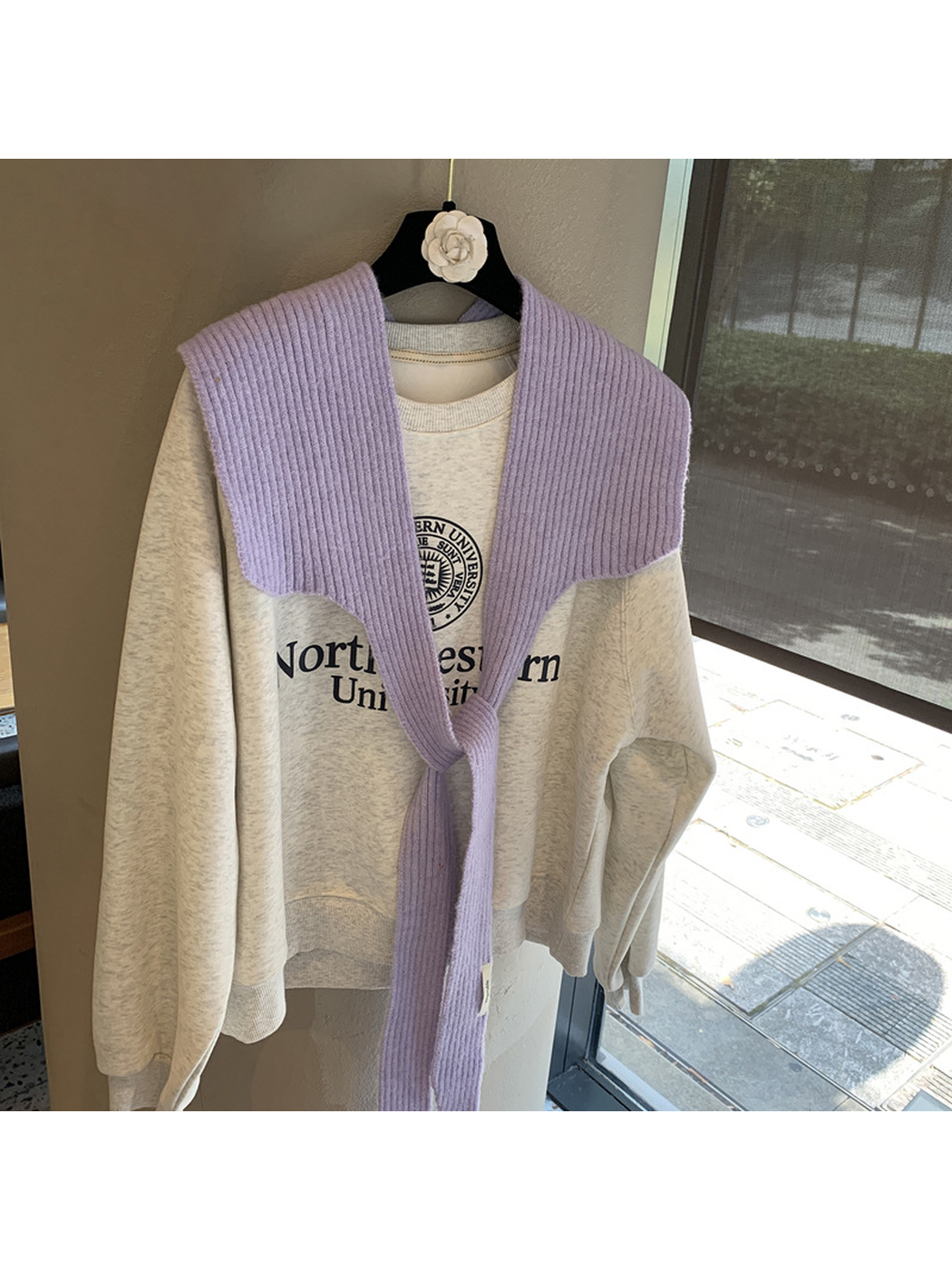 Light Purple ribbed shoulder scarf styled with a loose front knot