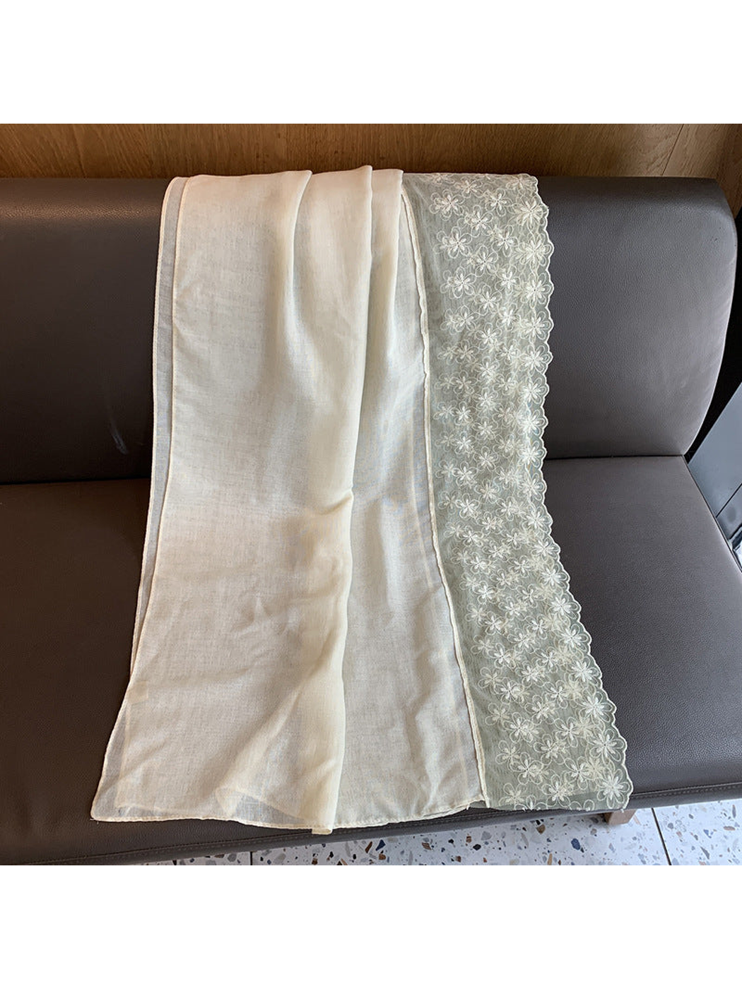 Ivory rectangular scarf with a wide sheer floral border and scalloped edge
