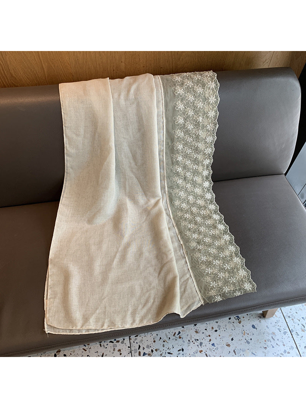 Beige rectangular scarf with a wide sheer floral border