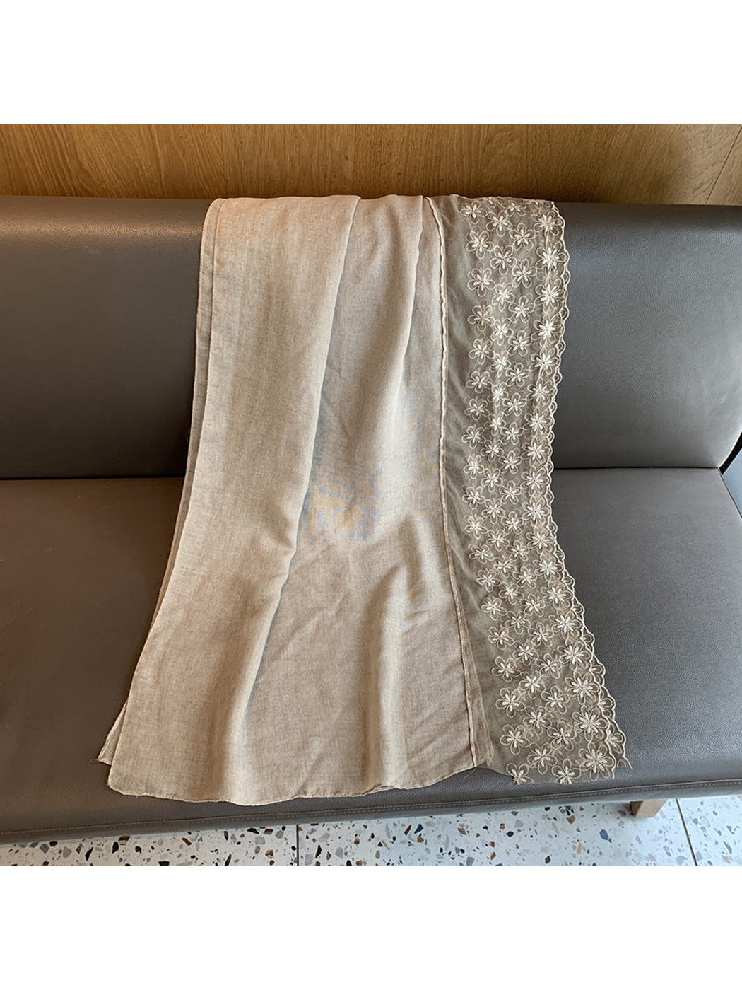 Greige rectangular scarf with a wide sheer floral border