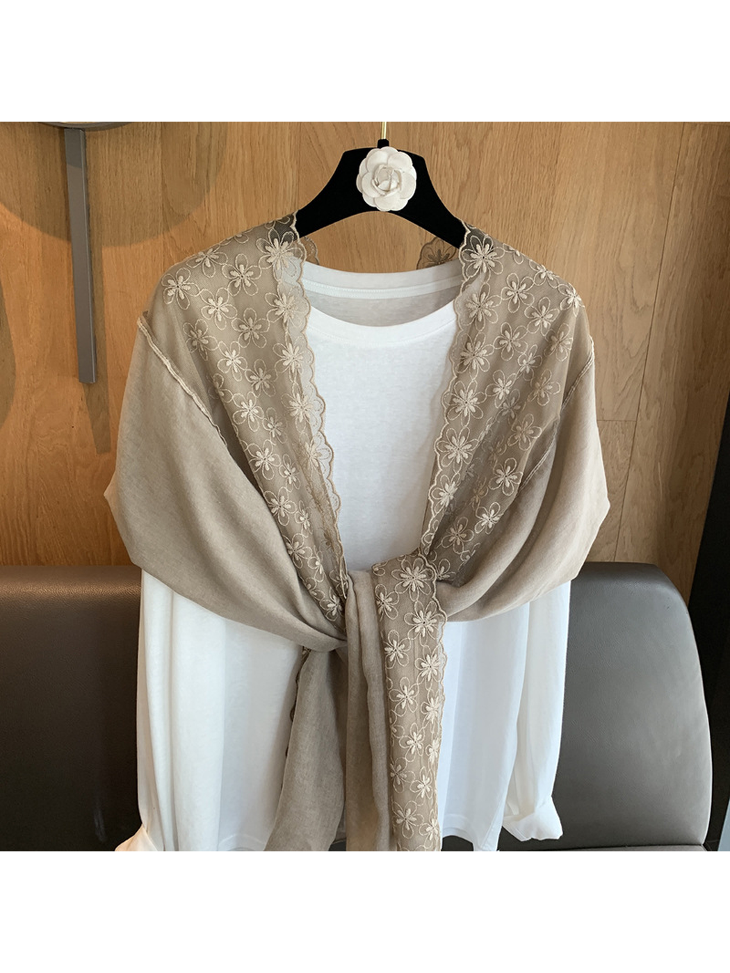 Close-up of the Greige scarf's sheer floral embroidery and scalloped trim