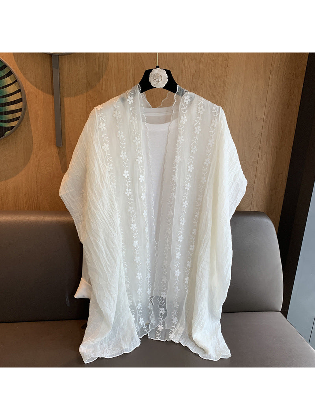 Ivory floral embroidered scarf, full front view