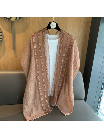 Light Coffee floral embroidered scarf, full front view