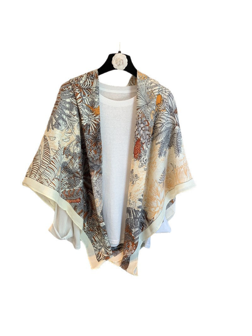 Multicolor botanical-print square scarf with a pale cream border, front view