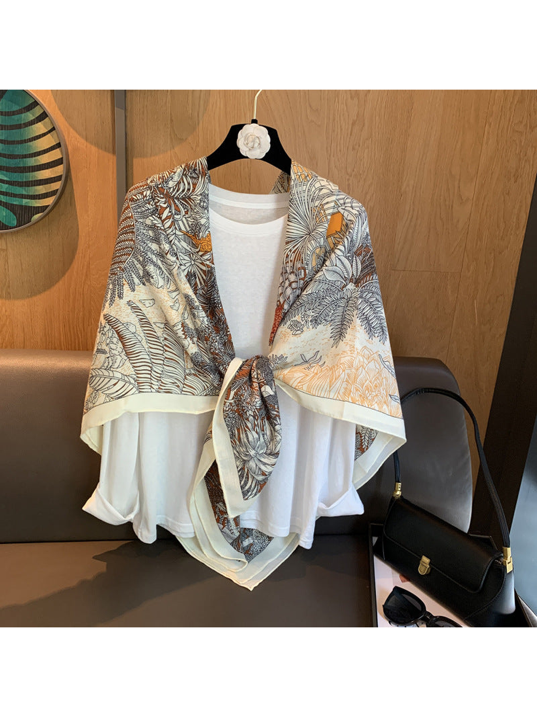 Multicolor botanical-print square scarf styled in a front knot