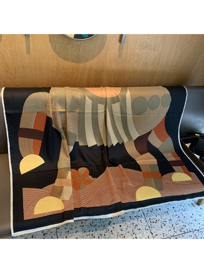 Multicolor square scarf with abstract horse and geometric motif, fully spread view