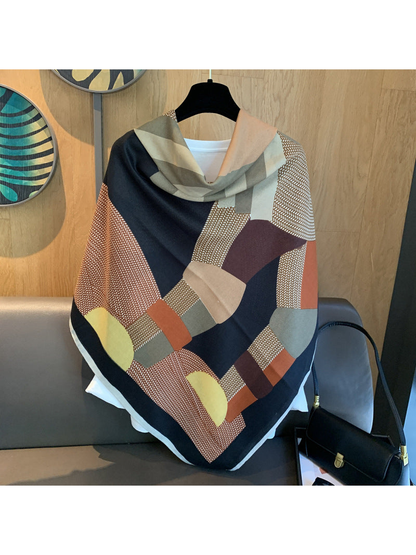 Multicolor square scarf draped to show the abstract geometric pattern and dark border