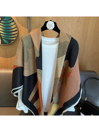 Close-up of the multicolor scarf with fine chevron-like lines and abstract motifs