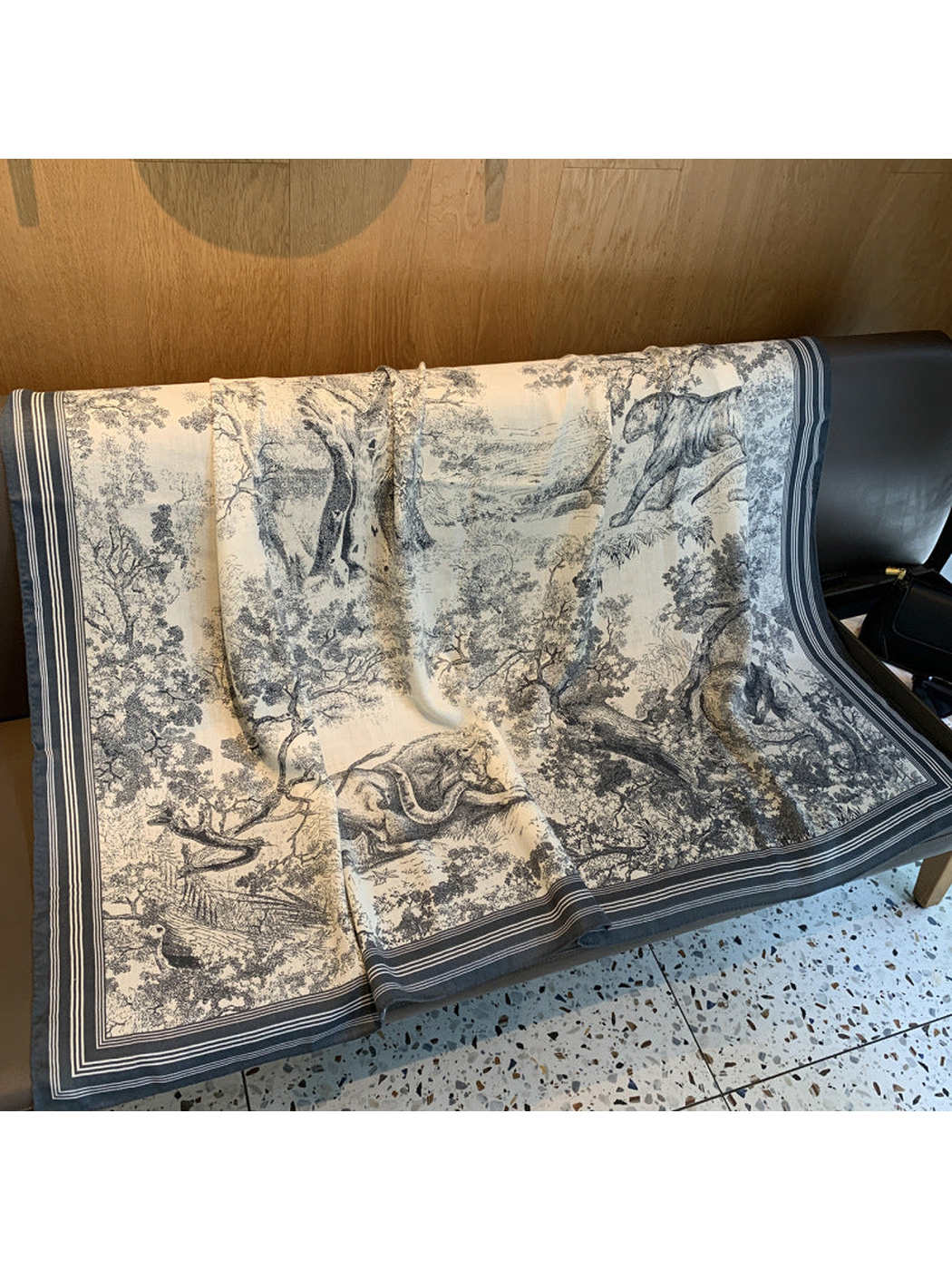 Ivory and gray-blue square scarf with forest and wildlife illustration