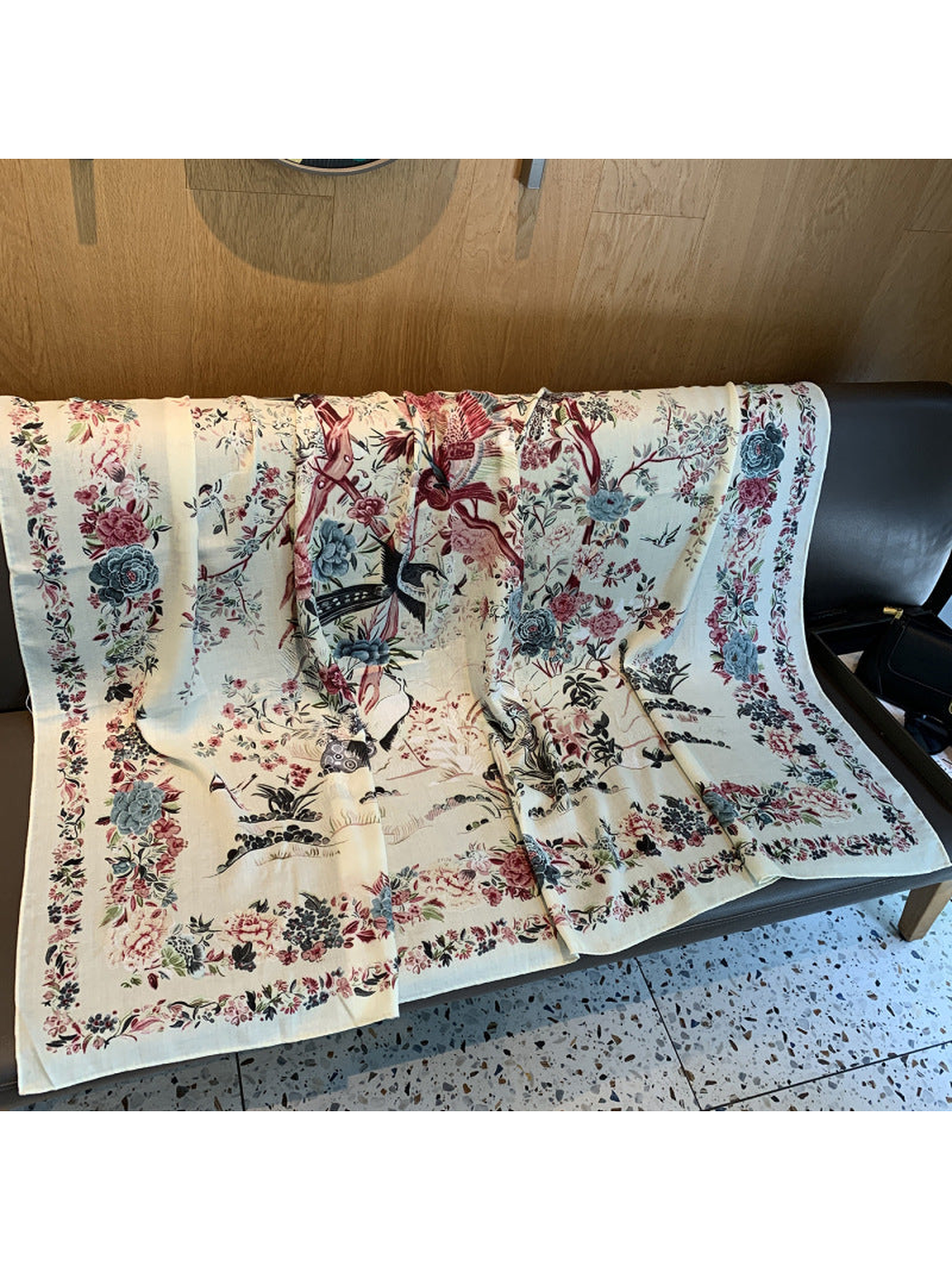 Ivory square scarf with floral, bird and ornamental border print, full view