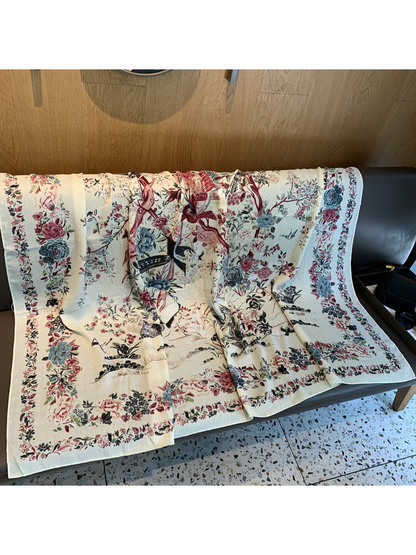 Ivory square scarf with floral, bird and ornamental border print, full view