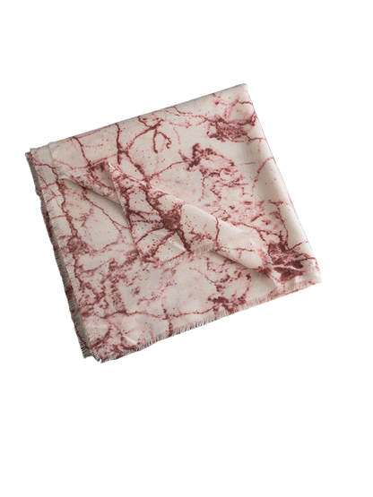 Burgundy abstract-print scarf with short fringed edges