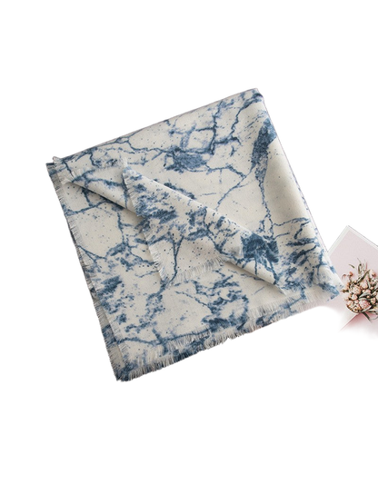 Blue abstract-print scarf with short fringed edges
