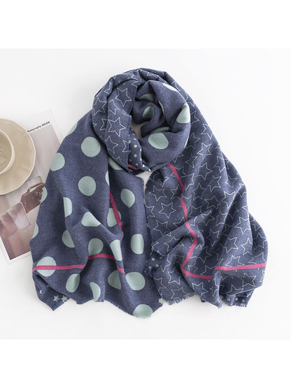 Navy scarf arranged to show mint dots, outlined stars and pink borders